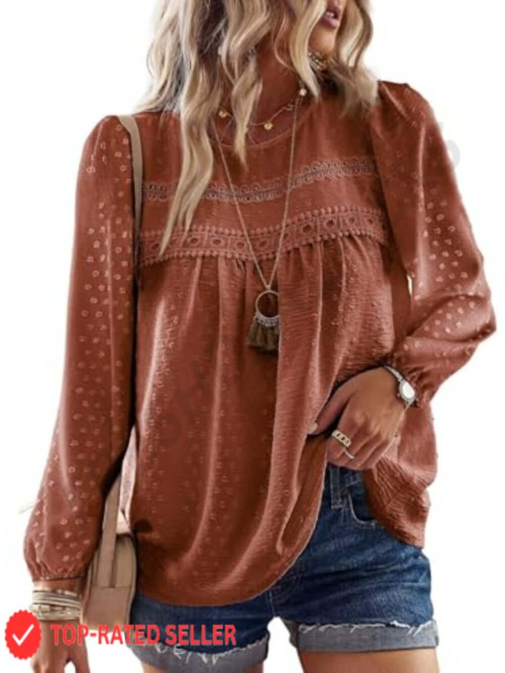 Falechay Womens Boho Lace Crochet Long Sleeve Blouse